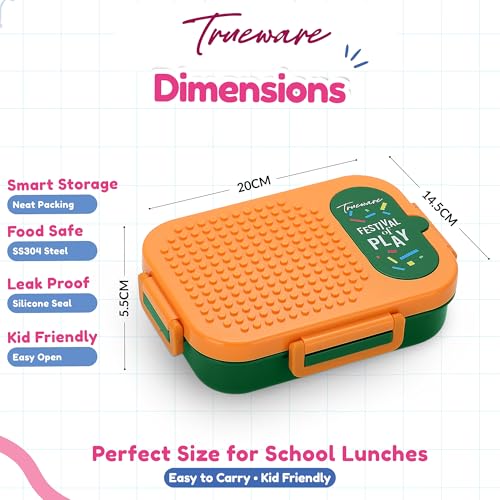 Image of Trueware BRIX Fun Food and Play 304 Stainless Steel PU Insulated Lunch Box with Two Compartment BPA Free, Food Grade Ideal for School, Picnic, Office & Outdoor - 540ml