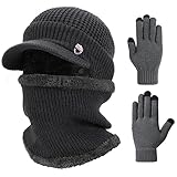 TAGVO 3in1 Winter Beanie Hut Schal Handschuhe Set mit Ohrenwärmer,Fleece Innenfutter Elastische warm gestrickte Beanie Cap Ohrenschützer Halswärmer Touchscreen Handschuhe,Mütze,Schal&Handschuh-Sets
