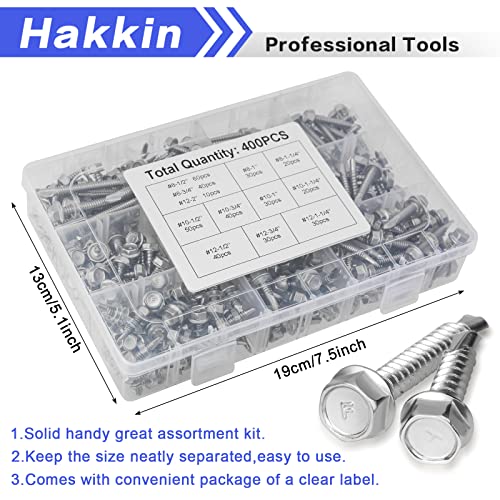 #8#10#12 Hex Washer Head Self Drilling Tek Screw Assortment Kit, 400PCS Stainless Steel Self Tapping Screws for Metal, Hakkin Sheet Metal Tek Screws with Rubber Washer, Length 1/2\" to 2\"