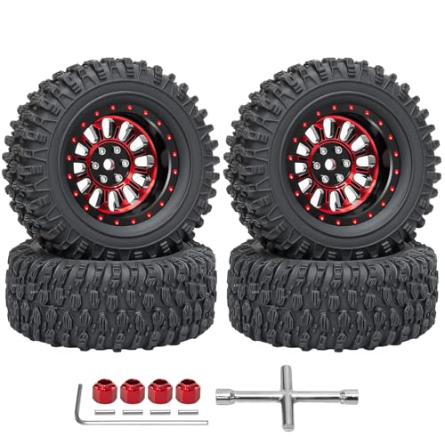 LRFHL 1.3" Beadlock Wheel Tires Aluminum 1.3 Beadlock Wheels and Tires Upgraded 1.45-inch Wheel for 1/24 SCX24 1/18 TRX4M RC Crawler Car Upgrade (4PCS, Red)