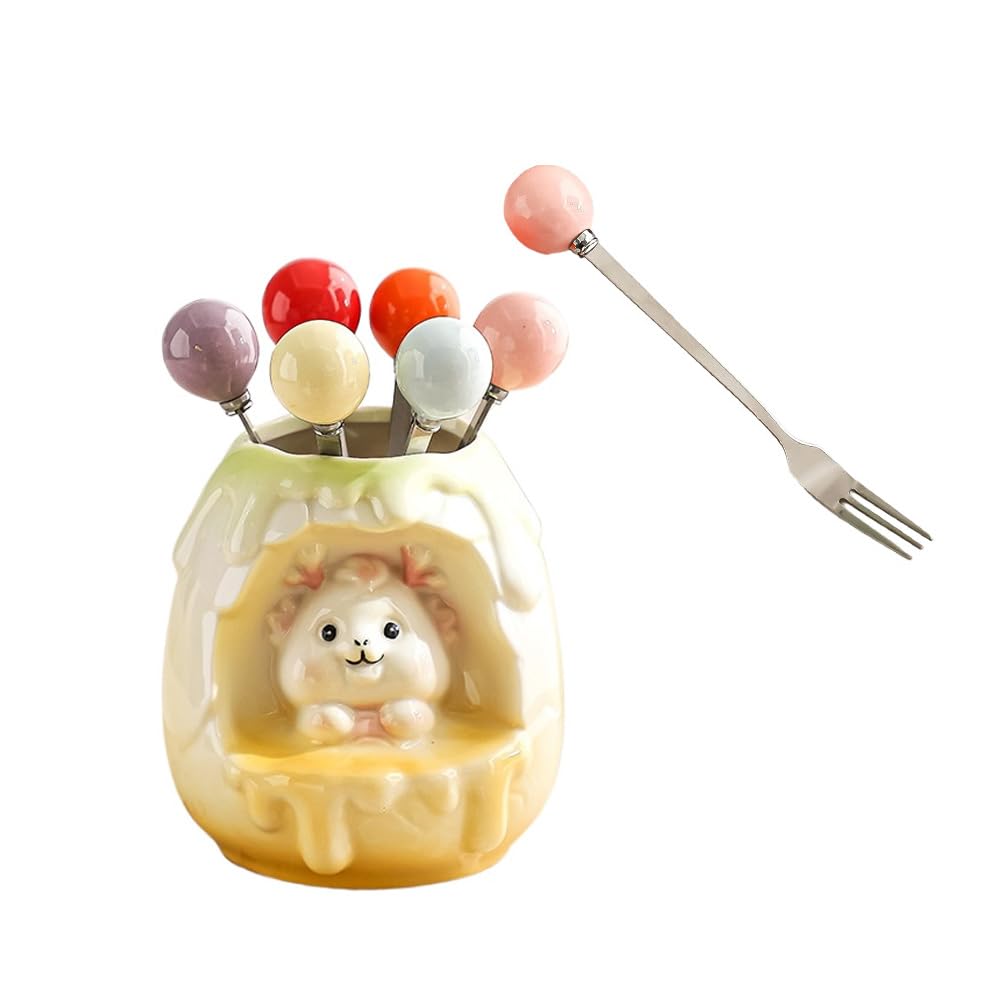 (6 Pieces) Ceramic Fruit Fork Set Household Stainless Steel Small Storage Jar Picks (Yellow)