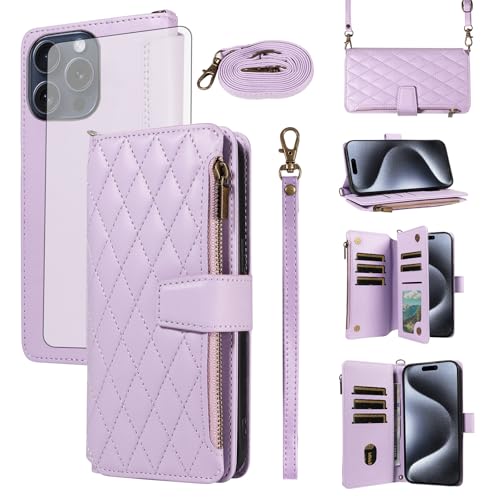 Coque iPhone 15 Pro Asuwish étui portefeuille fermeture éclair et verre trempé
