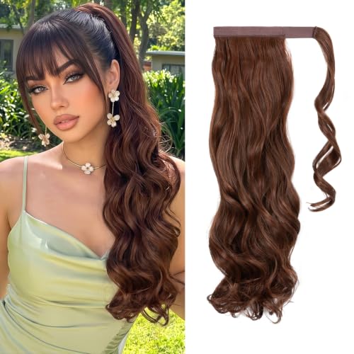 CJL HAIR 22" Long Ponytail Hair Extension Wrap Around Pony Tail Clip in Curly Wavy Synthetic Fake Hairpiece for Women Red Vino