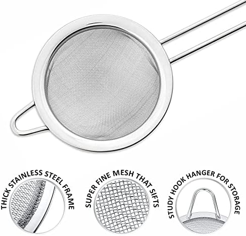Tea Strainer Fine Mesh Sieve (7cm 8cm 10cm) Size Stainless Steel with Non Slip Handle Kitchen Craft Strainers for Loose Tea Cocktail Juice Flour Spices and Baking Silver Color (Pack of 3)