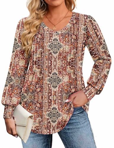 Image of IN'VOLAND Womens Plus Size Shirts V Neck Puff Long Sleeve Tops | Loose Fit, Dressy Casual Blouse, Pleated, Fall Outfits, Business Work TShirts, Basic Tees