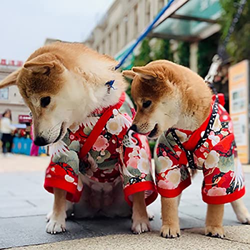 犬服 猫服 Tシャツ ペット服 着物 和服 ペットウェア 和風 浴衣 犬猫洋服 可愛い 桜柄 鶴 蝶結び 小中型犬服 コスプレ仮装 おしゃれ お祭り お正月 お祝い 花火大会 (S, レッド)