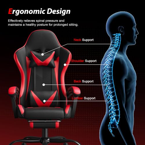 Image of Gaming Chair, Ergonomic Computer Chair with Footrest and Lumbar Support, Height Adjustable Video Game Chair with 360 Swivel Seat and Headrest for Office, Home, Streaming and Gaming (Red)