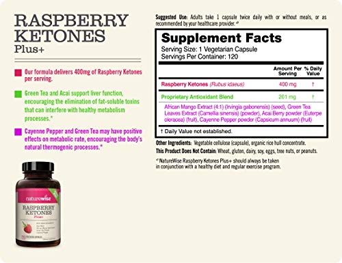 Naturewise Raspberry Ketones Plus - Advanced Antioxidant Blend Boosts Energy, Supports Normal Weight & Metabolic Processes, Vegan & Gluten-Free (2 Month Supply - 120 Veggie Capsules) #TOP2
