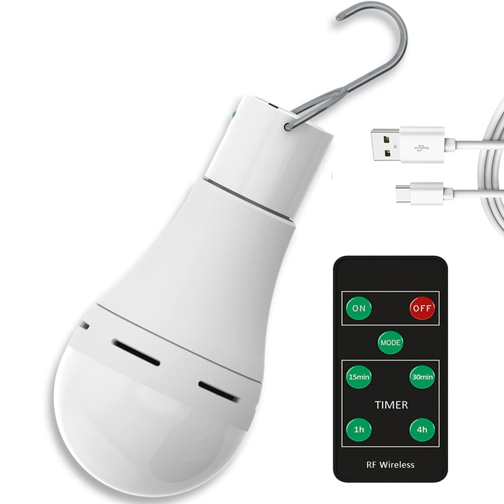 FLYHOOM USB Rechargeable Light Bulb with Remote, 4 Light Modes, Portable 180LM Hanging LED Tent Light Bulb for Camping, Tent, Hiking, Car, Emergency