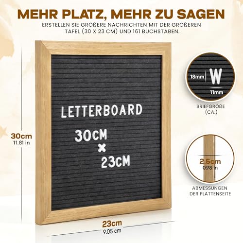 Buchstabenbrett Holzbrett mit Buchstaben, 23 x 30 cm - Brett mit Rillen Letter Board Filzbrett Memoboard mit 161 Zeichen (Schwarz)