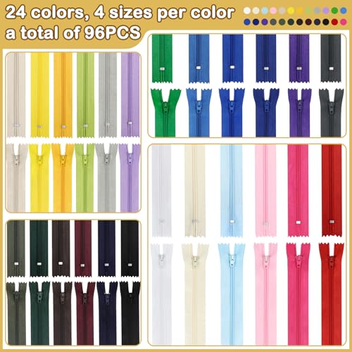 Image of Zippers, DOITEM 96 pcs Zippers for Sewing 6 Inch 8 Inch 10 Inch 12 Inch Multicolor Nylon Coil Zipper for Sewing and Crafts 24 Colors