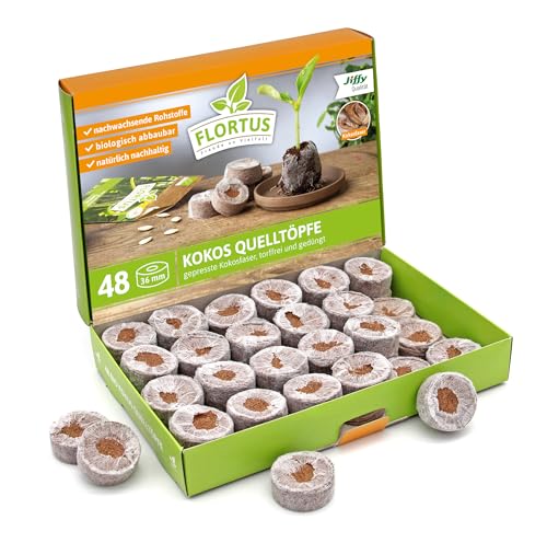 FLORTUS – Kokos Quelltöpfe aus Anzuchterde mit Nährstoffen – 48 Stück Kokos Quelltabletten torffrei & biologisch abbaubar – Quelltabs aus Kokoserde gepresst zur Pflanzen Anzucht von Samen & Setzlingen