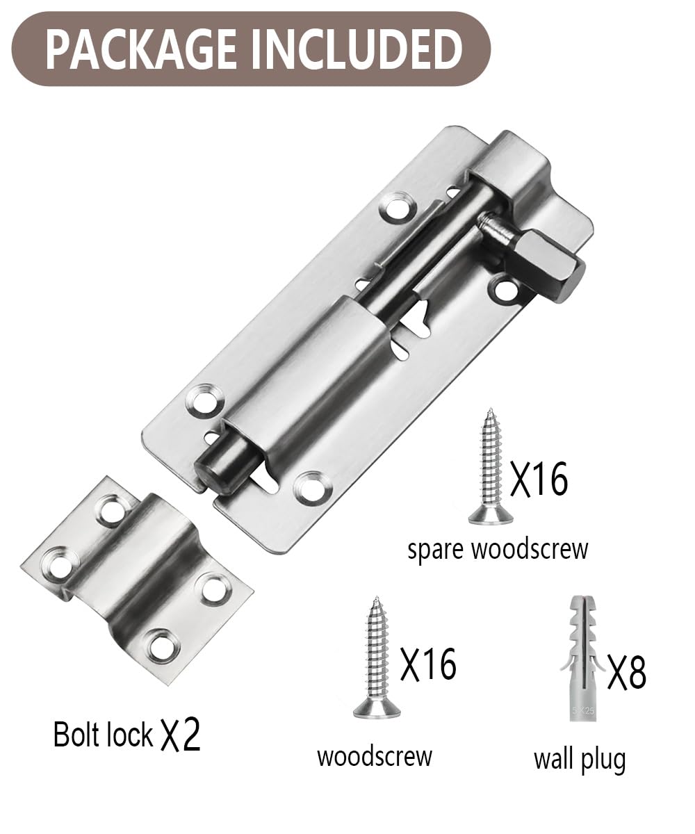 TOPYWMSP Door Lock Bolt,Stainless Steel Door Latch,4 Inch(100mm) Sliding Bolts Lock,2-Pack Door Bolt for Internal Door - Image 3