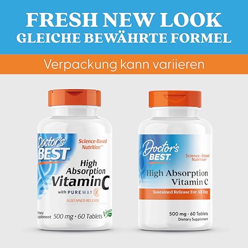 Doctor's Best, High Absorption Vitamin C mit PureWay-C, 500mg, mit Flavonoiden, 60 vegane Tabletten, Laborgeprüft, Glutenfrei, Sojafrei, Vegetarisch, Ohne Gentechnik