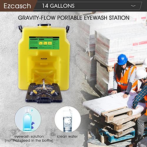 Image of Portable Eyewash Station 14-Gallon OSHA Approved with One Station Sign and Two Inspection Tags, Wall Mounted Gravity-Flow Indoors and Out, 53L Refillable Eyewash Station Heavy Duty, Yellow