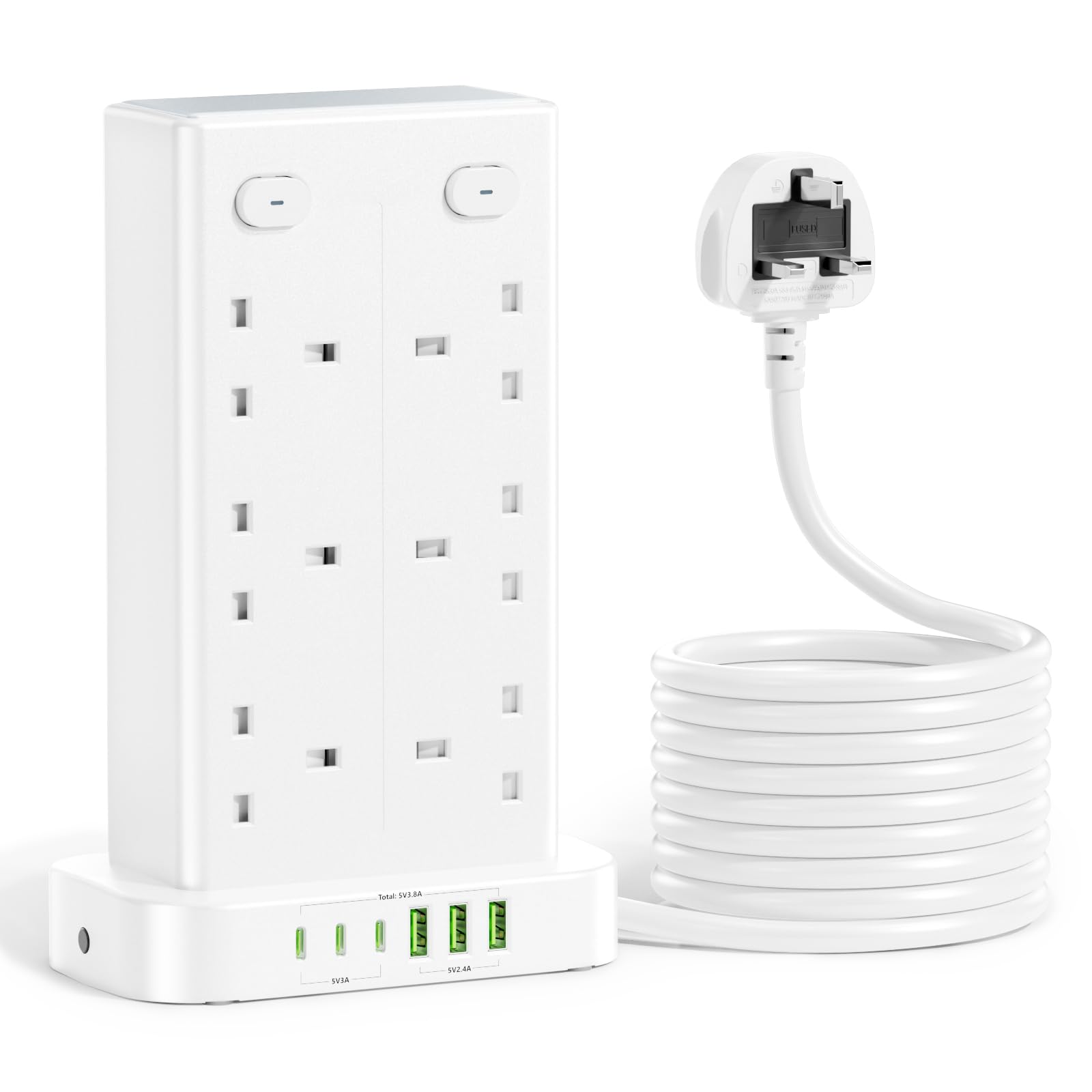 Tower Extension Lead with USB C Slots, 12 Way Multi Plug Socket Extension with 6 USB Ports, Overload Protected Extension Lead with 4 Switch Tower Extension Cable 1.8m for Home Kitchen Office — view 8