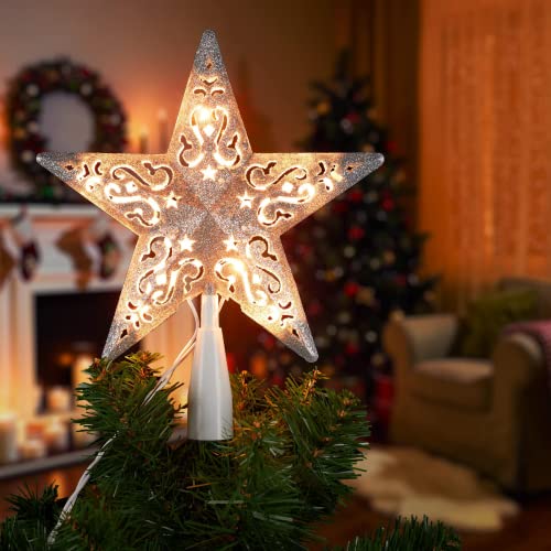 8” Christmas Star Tree Topper Silver Glittered Hollow Star Topper Built In 10 Bulbs String Lights 3D Star Treetop Plug In (4 Bulbs 2 Fuses Spare) For Holiday Decor Christmas Tree Decorations #TOP2