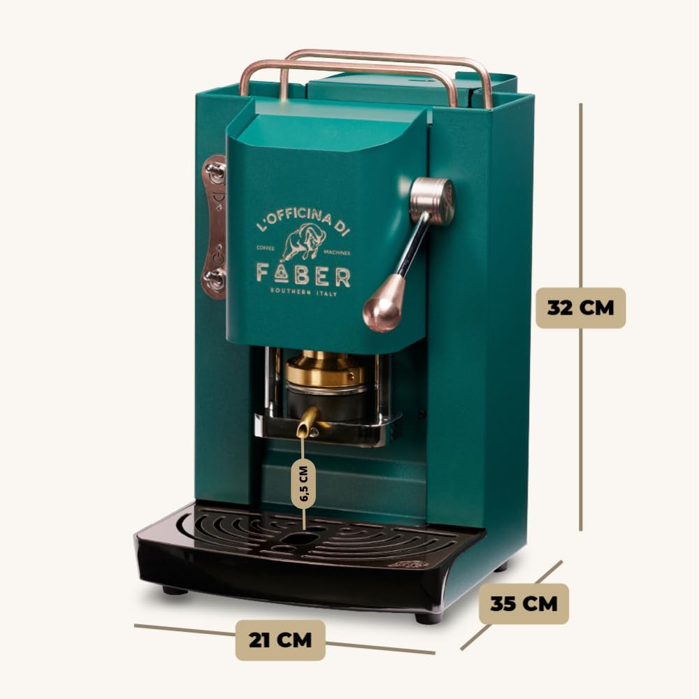 FABER COFFEE MACHINES | Modèle Pro Deluxe | Machine à café à dosettes ese 44mm | finitions Cuivre | Pressacialda en laiton (British Green)