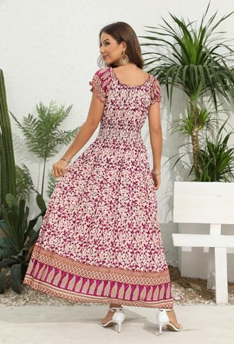 Image of Women's Boho Floral Maxi Dress, Short Sleeve Smocked Tiered Summer Casual Beach Dress