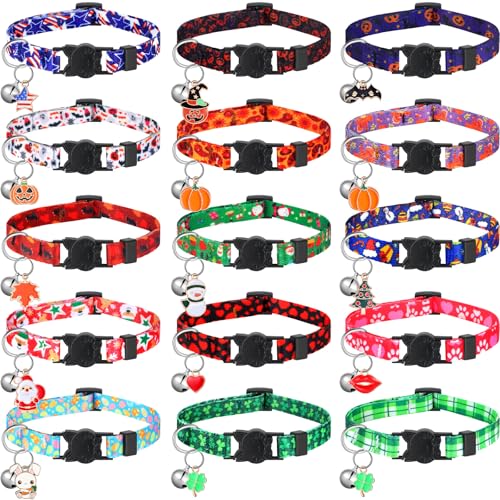 Talltalk 15 Pcs Holiday Cat Collars Fall Adjustable Breakaway Cat Collars Bundle with Plastic Buckle for Halloween Thanksgiving Seasonal Holiday Pet Kitten