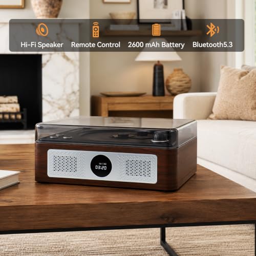 Image of Retro CD Player for Home, Portable Player with Bluetooth & Digital Output | Vintage protable cd player, wooden housing, dual HiFi Speakers .Bluetooth In /Out, 2600mAh rechargeable,remote & RGB lights