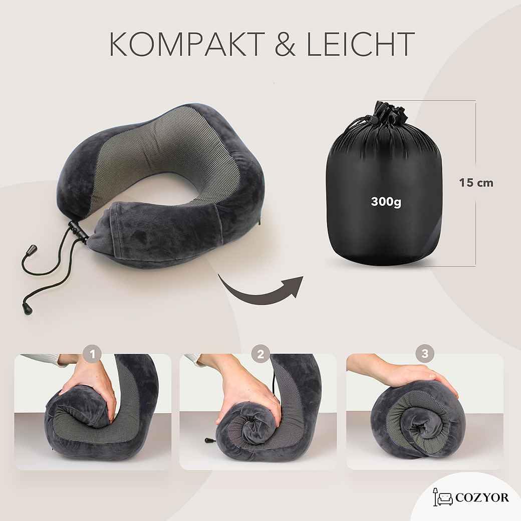 Cozyor Kit de Voyage 4 pièces : Coussin de Nuque + Masque de Sommeil + Oreiller de Voyage & Couverture de Voyage 2 en 1 + Bouchons d'oreille, avec Clip de Sac à Dos et Fixation pour Valise