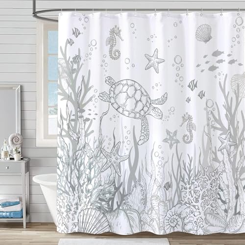 Lifeella Nautical Coastal Turtle Shower Curtain, Coral Starfish Seashell Ocean