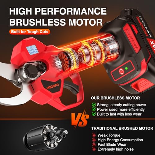 Image of Electric Pruning Shears, Upgraded 2.1 inch Cutting Garden Shears with LCD Display, Brushless Motor Cordless Power Pruner with 2.0 Ah*2 Batteries for Garden Tree Pruner Branch
