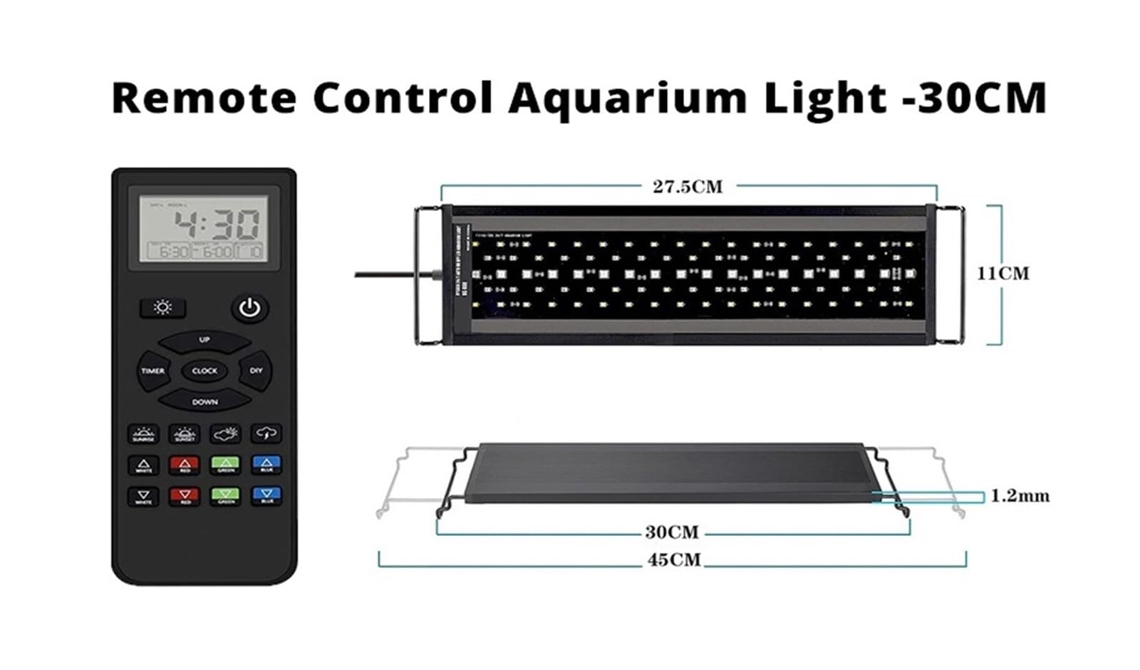 Luz del acuario, Luz de acuario con Control remoto de 30/45CM con temporizador, luz de tanque de peces de espectro completo con modo meteorológico, lámpara LED RGBW for plantas de agua(30CM)