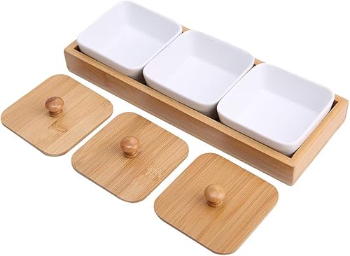 TOPINCN Plato de cerámica para servir, plato rectangular con cubierta de bandeja de bambú, plato de postre para fiestas, aperitivos y cenas (tres