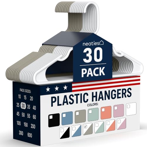 Neaties Plastic Hangers 30 Pack – Made in The USA – 6lb Capacity Standard Clothes Hangers with Notches and Reinforced Edges for Dresses, Lingerie, Shirts, Pants, and Jackets – White & Gray