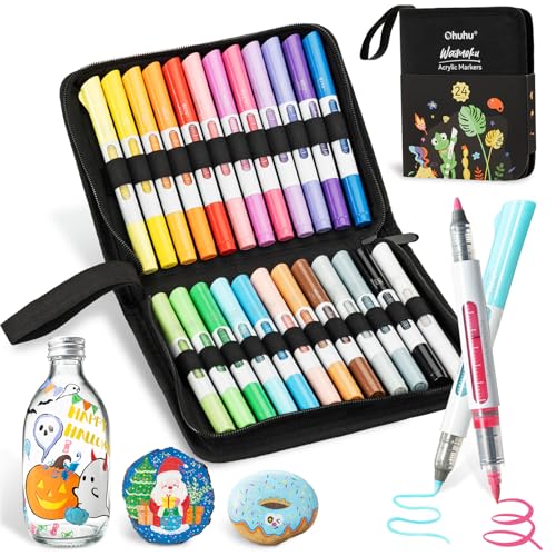 Image of Ohuhu Acrylic Markers Set Direct Liquid: 24 Pack Flexible Dual Tips Brush & Bullet Acrylic Paint Pens High Opacity Waterproof Lightfast for Rock Painting Easter Egg Wood Glass Ceramic Canvas