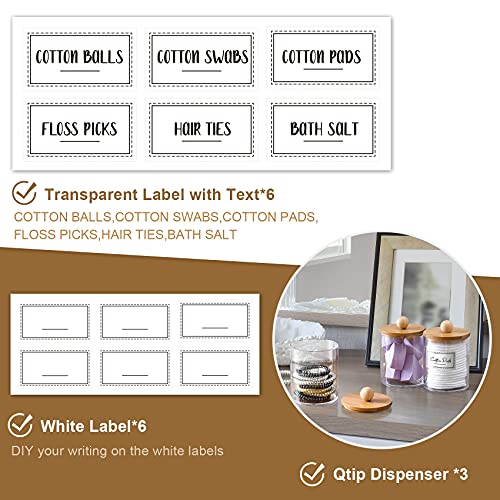 VITEVER-3-Pack-Qtip-Holder-Dispenser-with-Bamboo-Lids-10-oz-Clear-Plastic-Apothecary-Jar-Containers-for-Vanity-Makeup-Organizer-Storage-Bathroom-Accessories-Set-for-Cotton-Swab-Ball-Pads-Floss