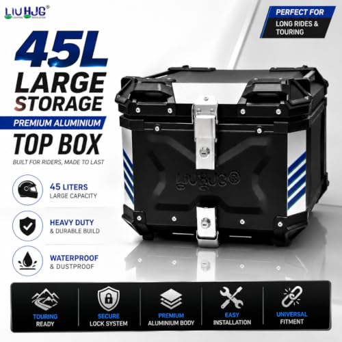 Image of LIU HJG Motorcycle Aluminum Top Case 45L Lockable Rear Luggage Storage Box with Universal Mounting Plate, Waterproof Adventure Touring Top Box, Black
