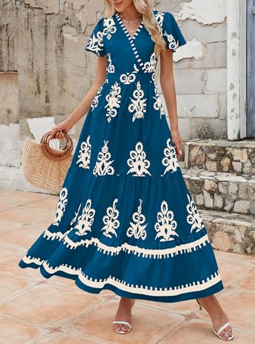 Image of PRETTYGARDEN Womens 2026 Summer Casual V Neck Boho Maxi Dress Flowy Aline Bell Sleeve Tiered Floral Dresses with Pocket