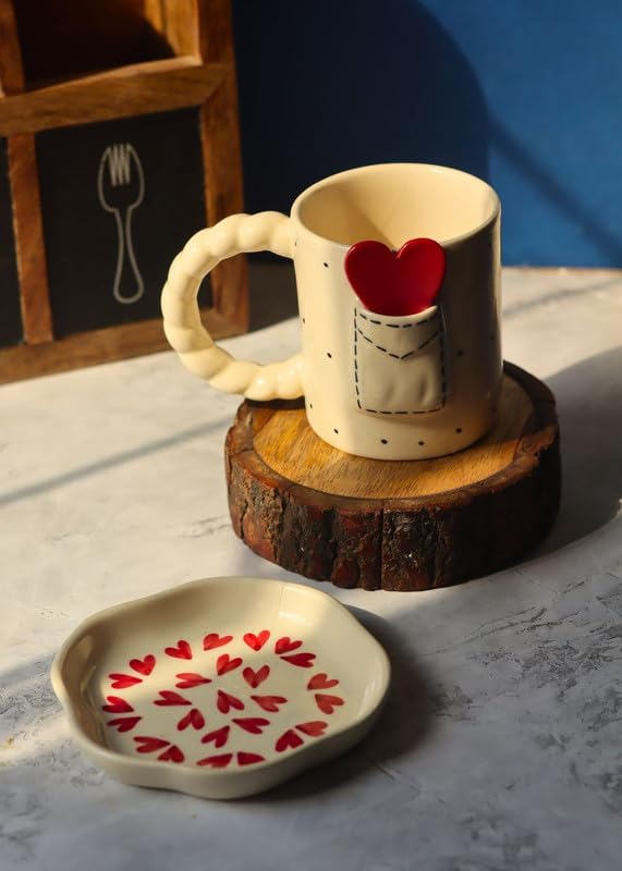 Image of WEAVING HOMES Handcrafted Ceramic Love Letter Mug and Heart Dessert Plate (Set of 2, Multicolor) - Coffee Mugs and Dessert Plates for Birthday Gifts, Mugs for Office and Travel