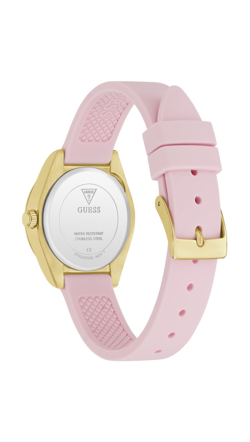 Guess Reloj de Pulsera para Mujer GW1000L2 Mini Luna de 30 mm, Acero Inoxidable Dorado, Esfera Rosa, Cuarzo, Cristal Mineral, circonita, 3 ATM, Correa de Silicona Blanca de 14 mm