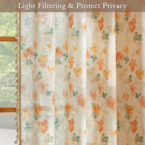 Image of MYSKY HOME Floral Boho Linen Curtains 84 inch Long 2 Panels Set Farmhouse Vintage Orange Printed Semi Sheer Light Filtering Spring Window Drapes With Tassels Back Tab for Living Room Bedroom, W50 inch