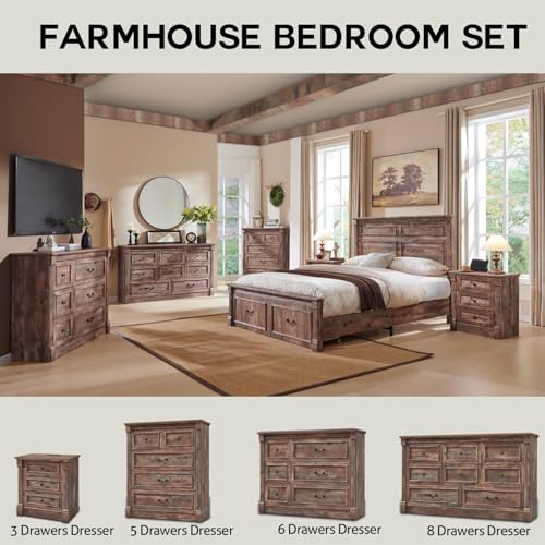 Image of Farmhouse 6 Drawers Dresser for Bedroom, 48 inch Wide Large Dressers & Chests of Drawers w /Roman Column, Storage Dressers Organizer for Bedroom, Hallway, Living Room, Light Brown