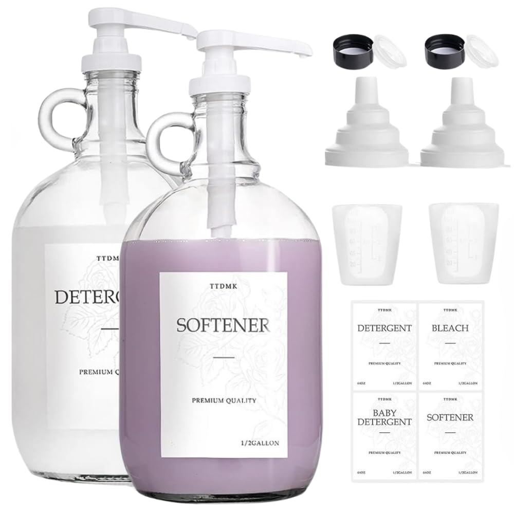 2 Pack Glass Laundry Detergent Dispenser - Gallon Fabric Softener Liquid Dispenser for Laundry Room (128 oz Each), Liquid Laundry Soap Dispenser - Includes Labels, Funnel, and Measuring Cup
