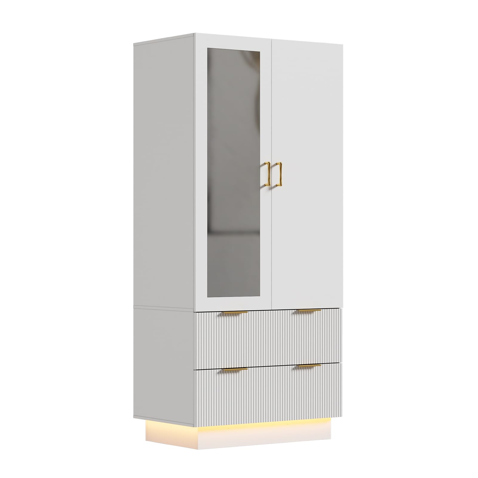 MSFE Armadio Camera da Letto, Armadio Guardaroba 2 Ante con Specchio,LED e 2 Cassetti, Armadio Contenitore, Salvaspazio, per Cameretta, Camera dei bambini, da ingresso|80x178x50cm (L/H/P)