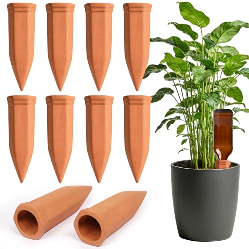 RAYNEAY Plant Watering Devices 10 Pcs Terracotta Vacation Self-Watering Stakes Slow Release Plant Automatic Waterers Spikes Clay Plants Watering Devices for Wine Cider Glass Bottles Indoor Outdoor