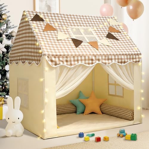 RONGFA Playhouse for Indoor & Outdoor, with Star Light, Flags and Carry Bag, Washable Kids Tent for Girls & Boys (Lattice Top)