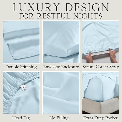 Image of KARISSA MAE Bamboo Viscose 34 inch Split Top King Size Sheet Set, FSC Certified | Single 34 inch Split Fitted Sheet | Sleep Number & Adjustable Bed | Cooling | 18 inch Deep Pocket w / Corner Straps [Coastal Blue]