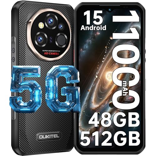 OUKITEL WP55 Ultra Rugged Smartphone 5G, Thermal Imaging Rugged Phone, 108MP+32MP+8MP Night Vision, 6.6”FHD+ 120Hz,48GB +512GB/TF 2TB, Android 15,11000mAh/33W, 5G Dual SIM/NFC/OTG/Face ID, Black