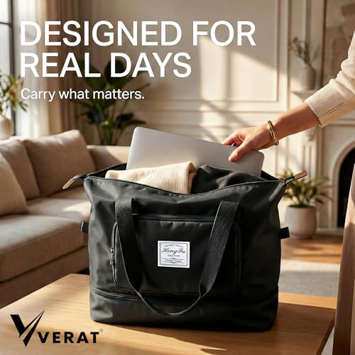 Image of Nylon 41L Expandable Travel Bag for Women, Foldable Waterproof Duffle Bag, Lightweight Carry-On Luggage with Wet Pocket, Vanity Handbag for Travel & Gym (Black, 41 Liter)