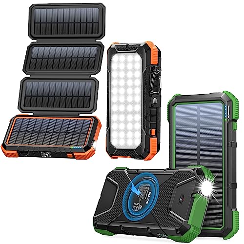 20,000mAh PD Solar Charger Foldable-Orange Plus 20,000mAh 18W Solar Charger 10W Wireless Power Bank-Dark Green