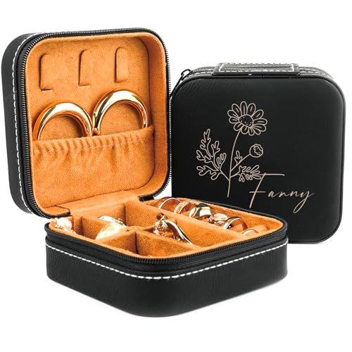 Coosttoom Personalized Leather Jewelry Organizer Box Customized Name & Birth Flower Month - Birthday Gifts for Women, Mom Personalized Jewelry Travel Case Bridesmaid Gifts Proposal (Black)