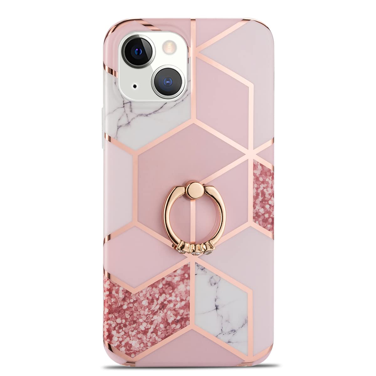 Manleno Compatible with iPhone 13 Case,iPhone 14 Case Marble with Stand Ring Holder Kickstand Glitter Sparkle Design Women Girls Slim Protective Phone Case Soft Cover for iPhone 13/14 6.1" (Rose Gold)