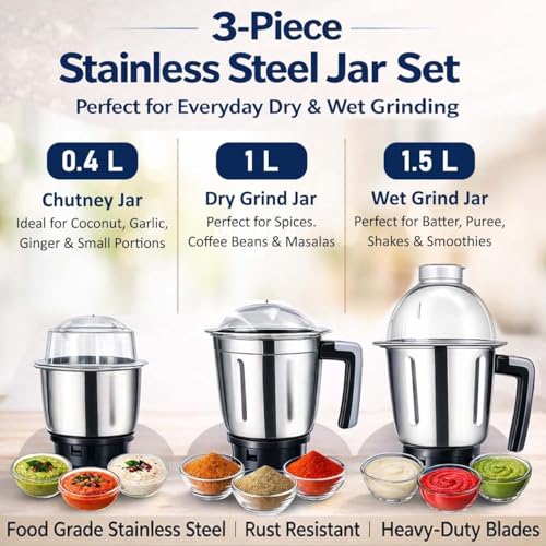 Image of Kanchan Trendy Mixer Grinder 750 watt with 3 Stainless Steel Jars (Chutney, Idli Batter, Puree, Dry Masala, Juices) Powerful Copper Motor with Overload Safety- ISI Certified with 5 Year Warranty